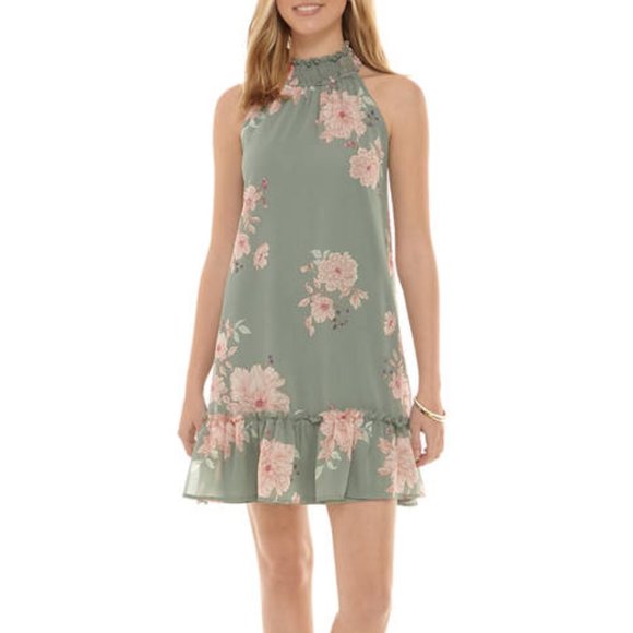 Eyeshadow Dresses & Skirts - Mossy Green Floral Halter Drop Waist Dress